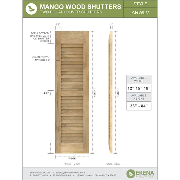 12W X 34H Americraft Two Equal Louver Exterior Real Wood Shutters, Antigua